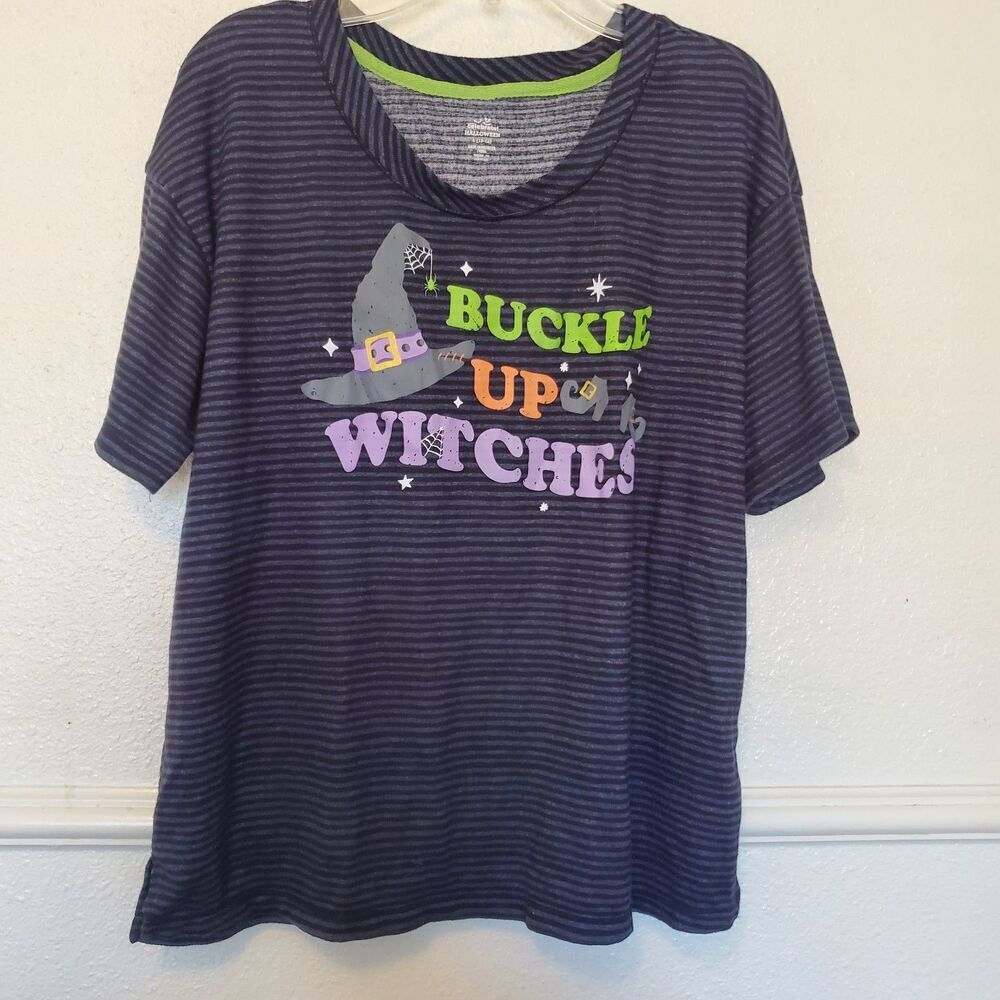 Way to Celebrate Halloween Buckle Up Witches Striped Graphic Tee Navy Black L